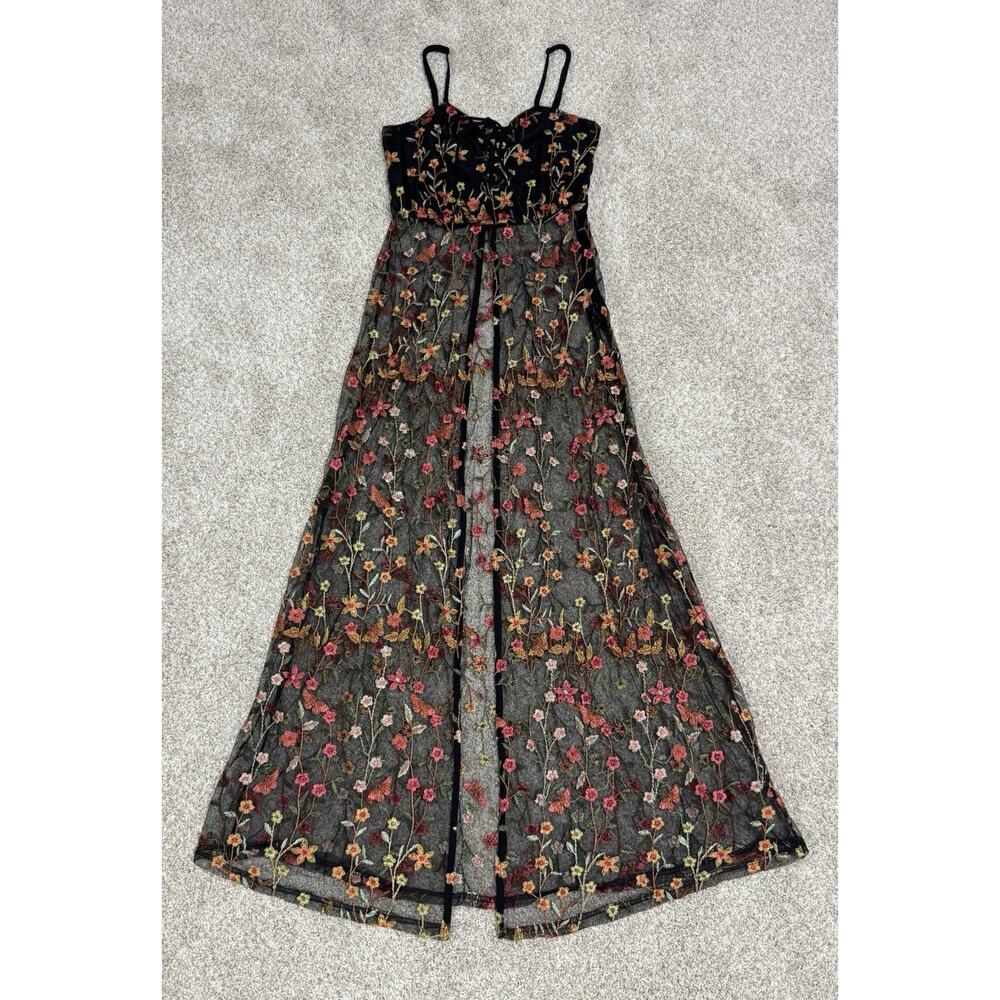 Sheer Black Floral Embroidered Mesh Maxi Dress Cover Up Fairy Grunge Size M - Picture 2 of 9